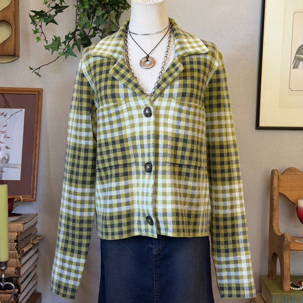 Green Plaid Knit Cardigan Shacket Twee Indie Grunge L Granola Cozy Pockets